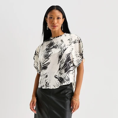 Worthington Womens Crew Neck Short Sleeve Satin Blouse