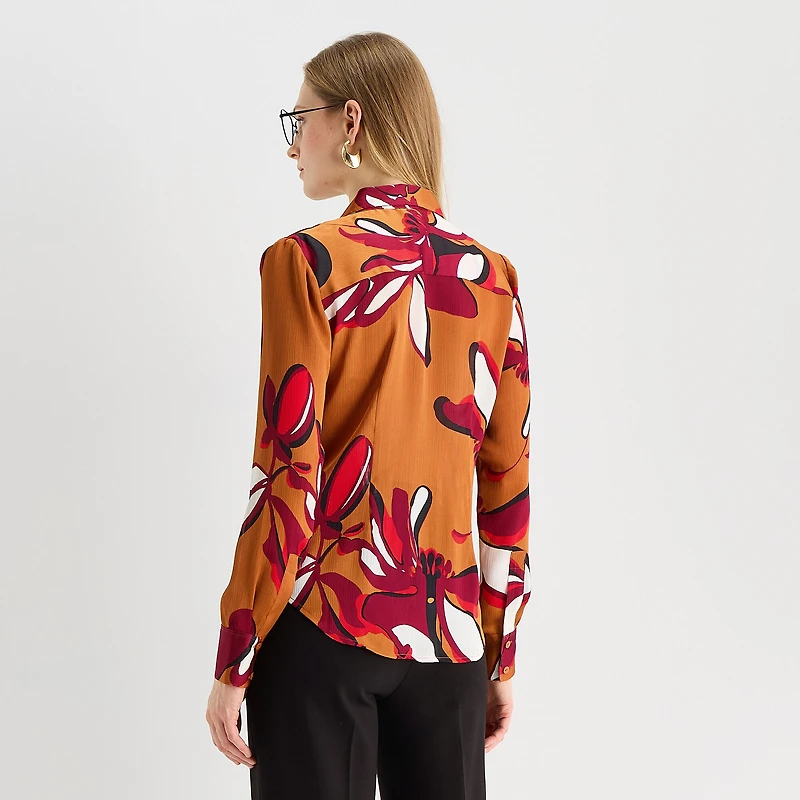 Worthington Womens V Neck Cuffed Long Sleeve Regular Fit Button-Down Shirt