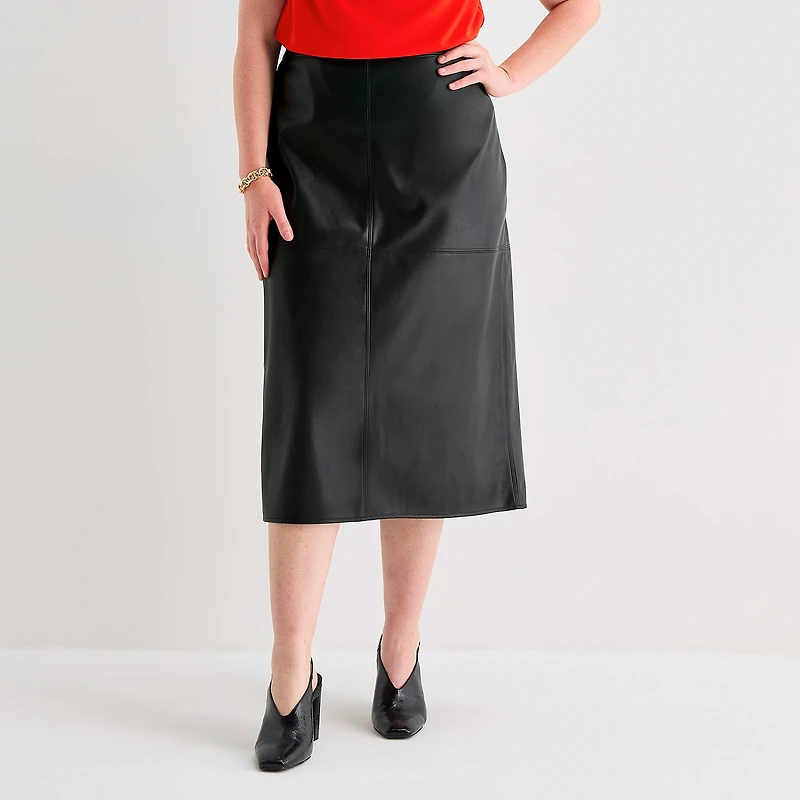 Worthington Womens Plus Midi Faux Leather Pencil Skirt