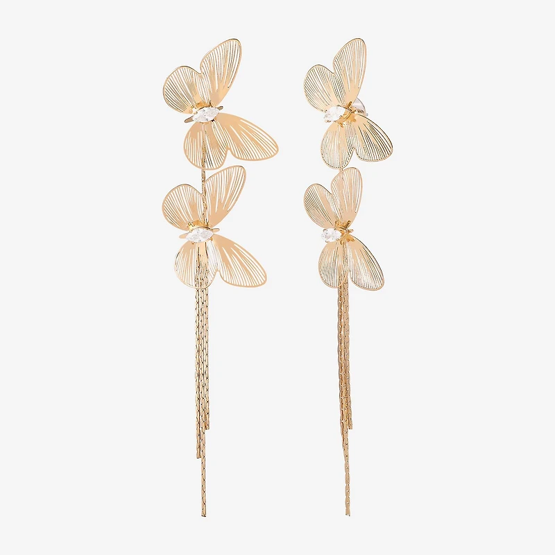 JS Jessica Simpson Gold Tone Womens Crystal Butterfly Drop Earrings