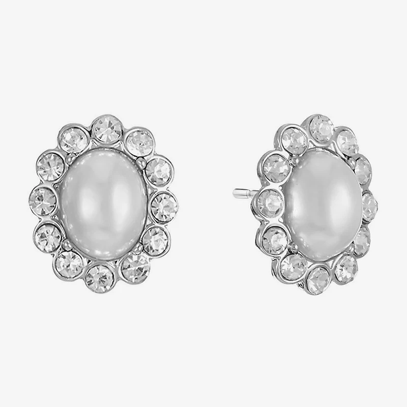 Monet Jewelry Timeless Silver Tone Halo Glass Simulated Pearl 17mm Oval Stud Earrings