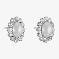 Monet Jewelry Timeless Silver Tone Halo Glass Simulated Pearl 17mm Oval Stud Earrings