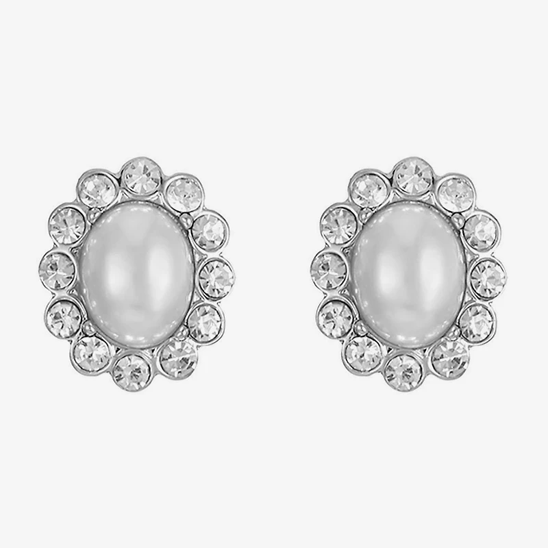 Monet Jewelry Timeless Silver Tone Halo Glass Simulated Pearl 17mm Oval Stud Earrings