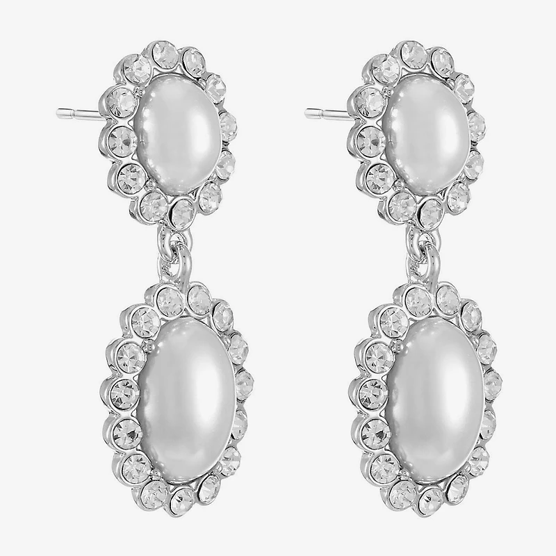 Monet Jewelry Timeless Silver Tone Halo Double Womens Glass Simulated Pearl Oval Hypoallergenic Drop Earrings