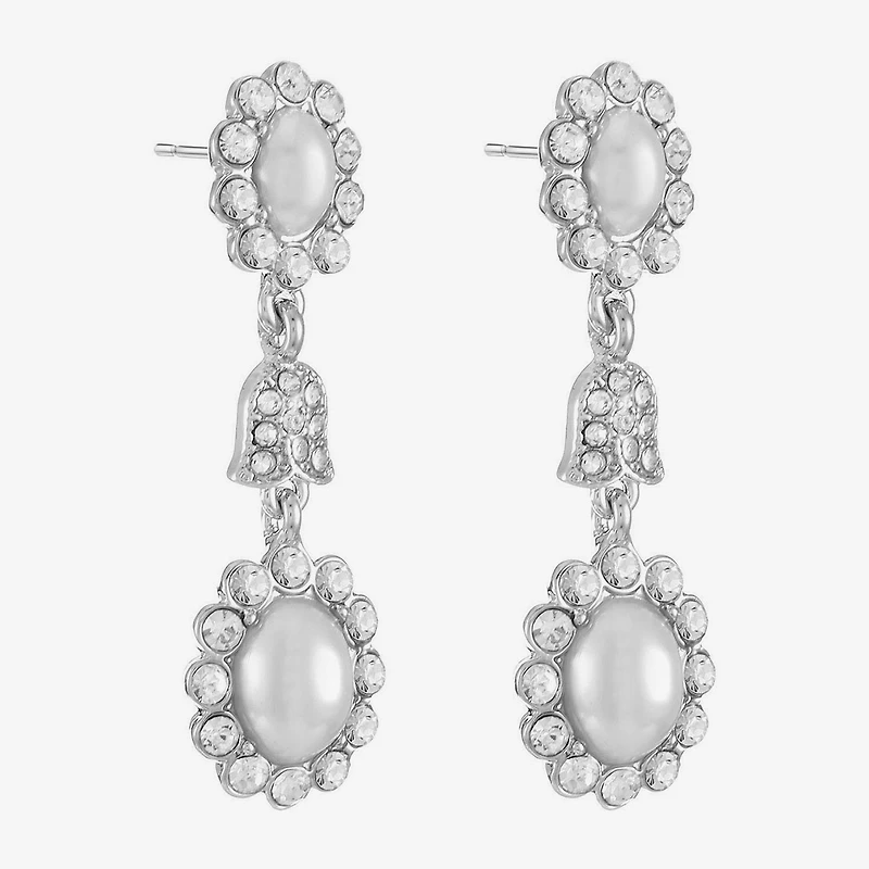 Monet Jewelry Timeless Silver Tone Halo Womens Glass Simulated Pearl Oval Hypoallergenic Drop Earrings