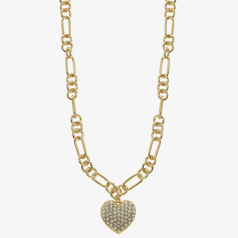 Liz Claiborne Gold Tone Pave Womens Glass Heart 28 Inch Pendant Necklace
