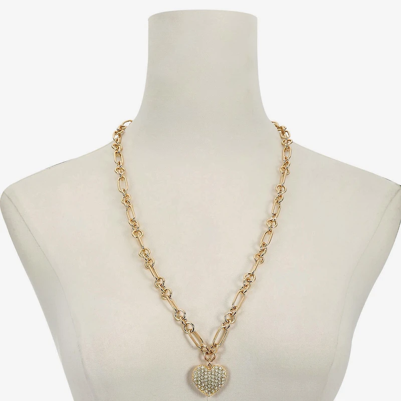 Liz Claiborne Gold Tone Pave Womens Glass Heart 28 Inch Pendant Necklace