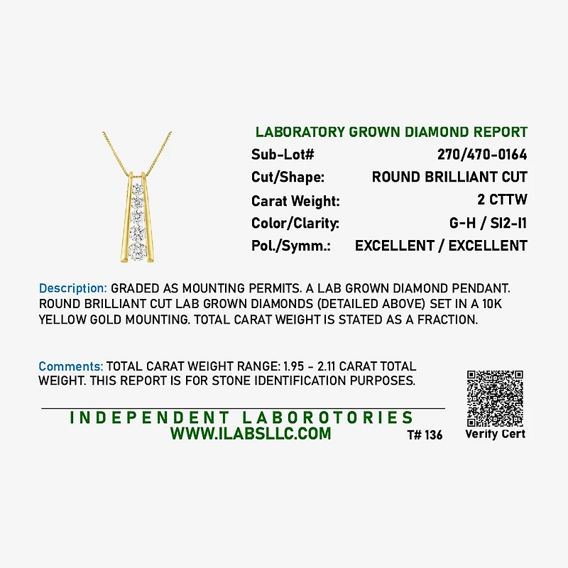 (G-H, Si2-I1) Womens 2 CT. T.W. Lab Grown White Diamond 10K Gold 18 Inch Pendant Necklace