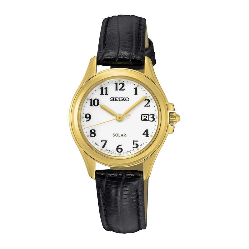 Seiko® Womens Black Calfskin White Dial Bracelet Watch SUT254