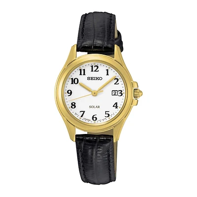 Seiko® Womens Black Calfskin White Dial Bracelet Watch SUT254