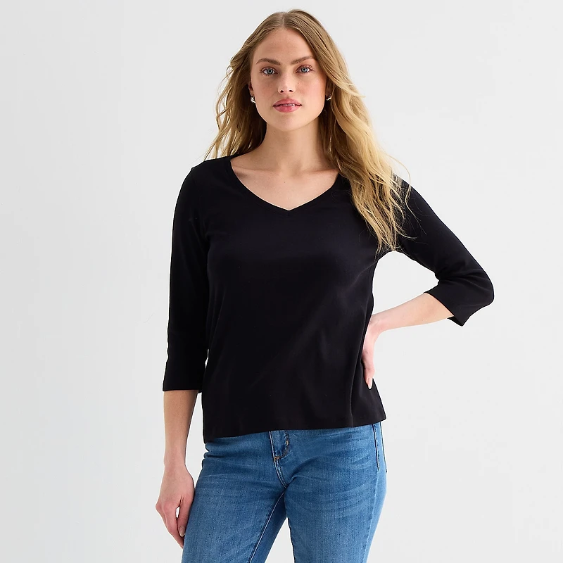 St. John's Bay Womens Easy-on + Easy-off V Neck 3/4 Sleeve Adaptive T-Shirt
