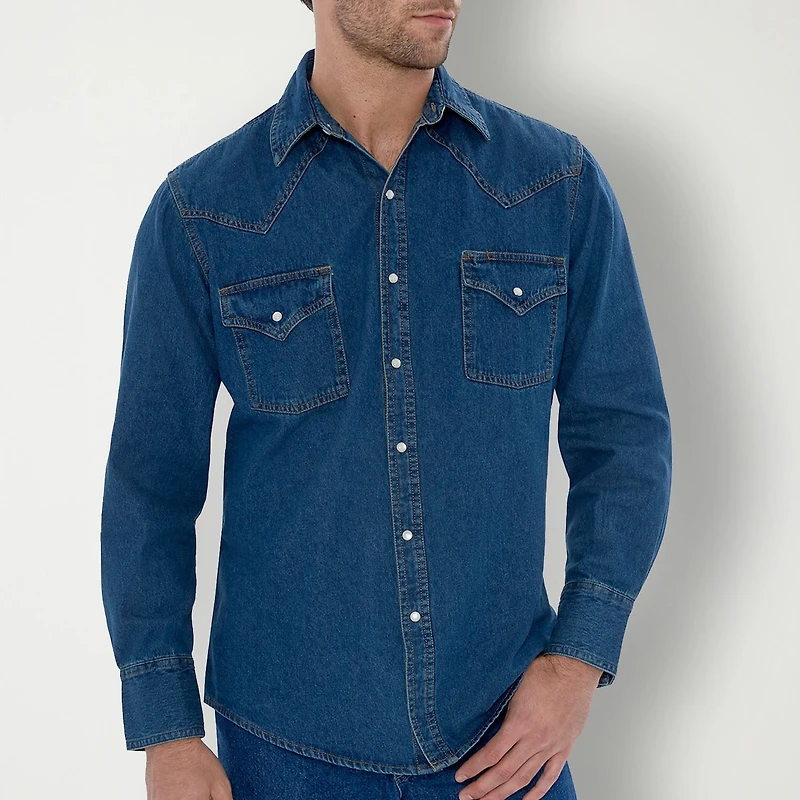 Ely Cattleman Denim Washed Snap Mens Long Sleeve Classic Fit Button-Down Shirt