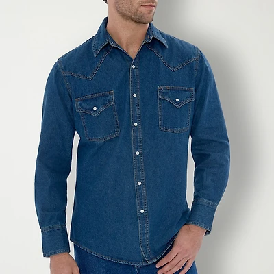 Ely Cattleman Denim Washed Snap Mens Long Sleeve Classic Fit Big and Tall Button-Down Shirt