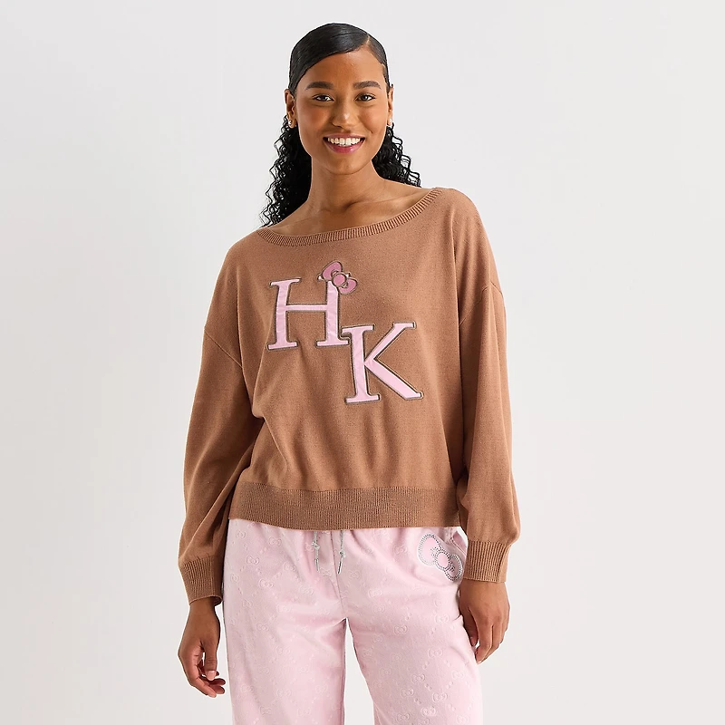 Juniors Girls Night In Off The Shoulder Womens Long Sleeve Hello Kitty Pullover Sweater