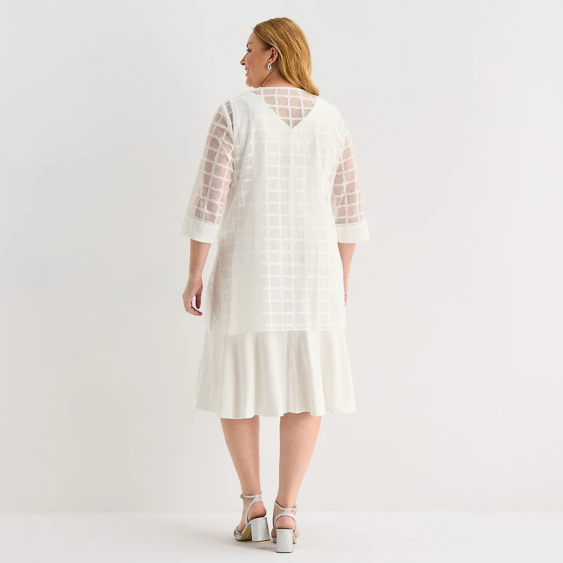 Maya Brooke Womens Plus Midi Beaded Windowpane Jacket Dress