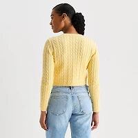 Arizona Womens Crew Neck Long Sleeve Button Juniors Cardigan
