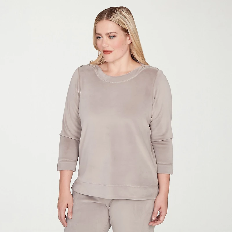 Alfred Dunner Calm Luxe Womens Boat Neck 3/4 Sleeve Sweatshirt