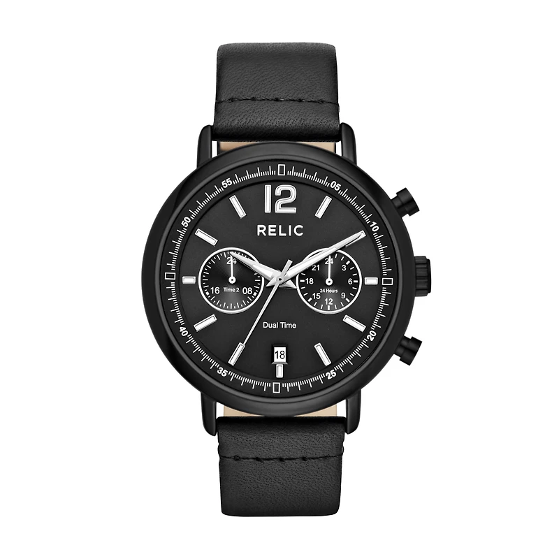 Relic By Fossil Mens Multi-Function Black Leather Strap Watch Zr15933