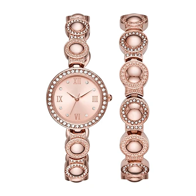 Geneva Womens Crystal Accent Rose Goldtone 2-pc. Watch Boxed Set Fmdjset039