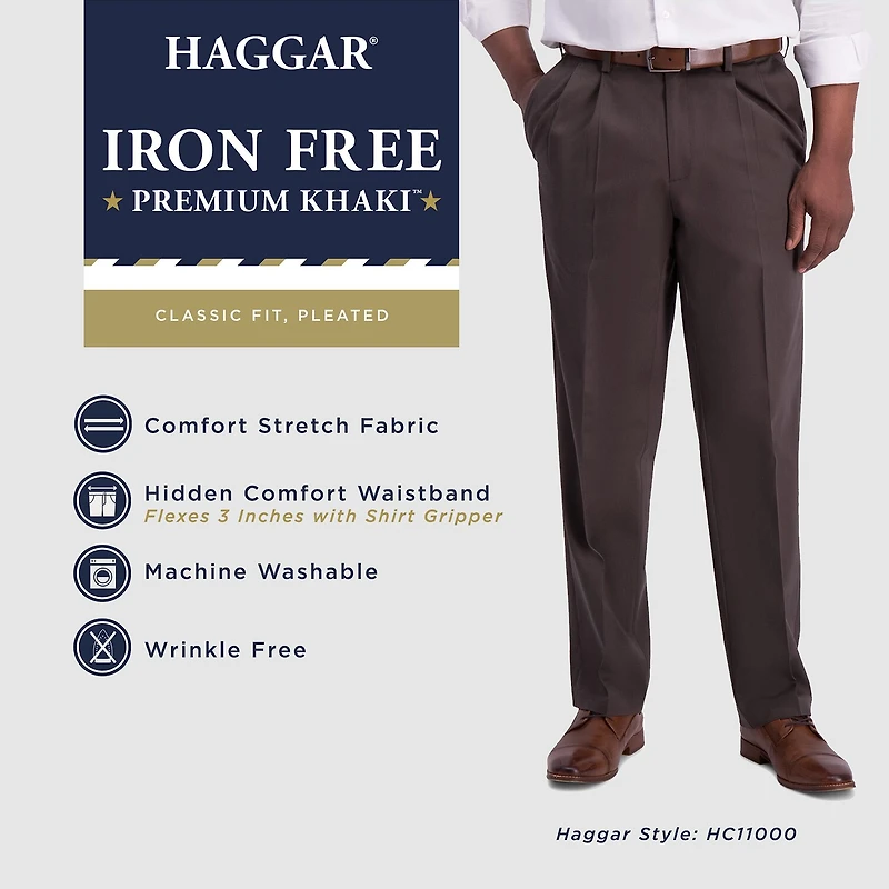 Haggar Iron Free Premium Khaki Mens Classic Fit Pleated Pant