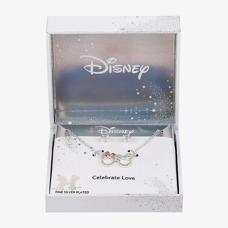 Disney Classics Womens Cubic Zirconia 14k Rose Gold Over Brass Pure Silver Over Brass Mickey Mouse Minnie Mouse 2-pc. Jewelry Set