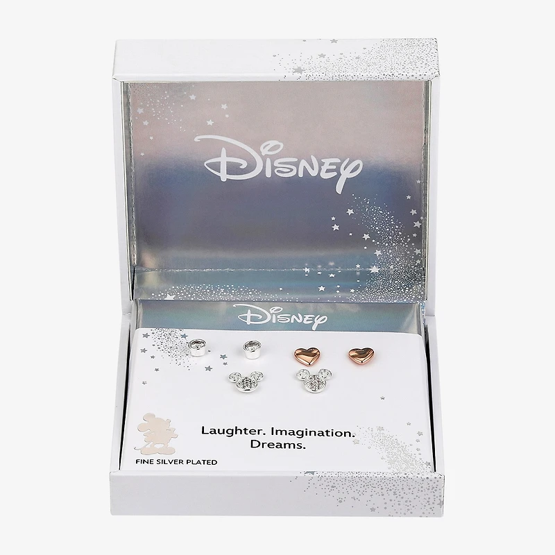 Disney Classics Womens Cubic Zirconia 14k Rose Gold Over Brass Heart Mickey Mouse 3 Pair Earring Set