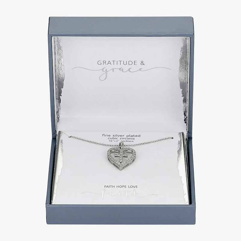 Gratitude & Grace Faith Womens Cubic Zirconia Pure Silver Over Brass Cross Heart 16 Inch Pendant Necklace