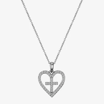 Gratitude & Grace Faith Womens Cubic Zirconia Pure Silver Over Brass Cross Heart 16 Inch Pendant Necklace