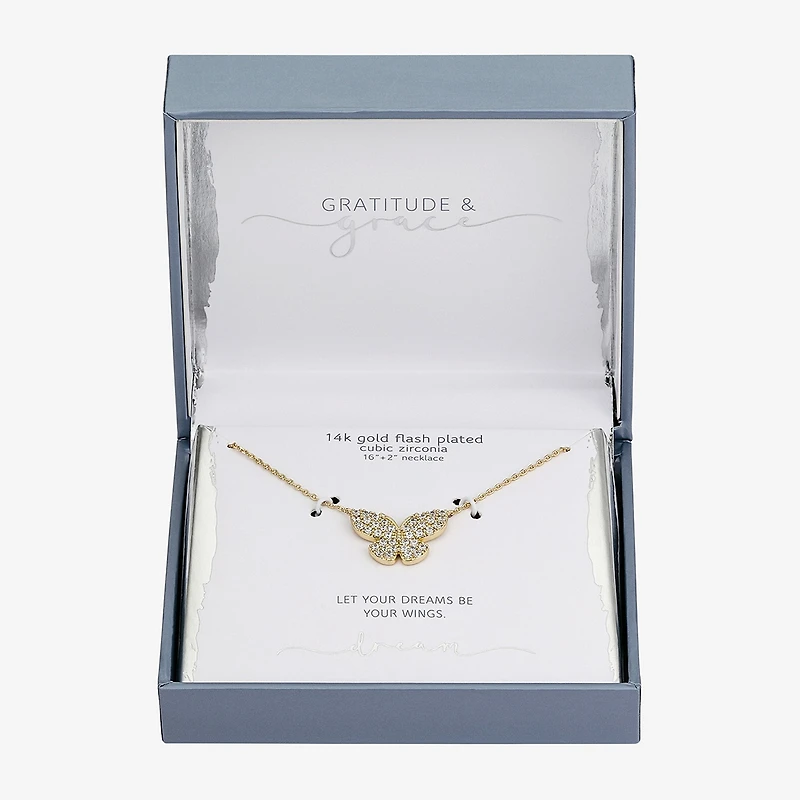 Gratitude & Grace Dream Womens Cubic Zirconia 14K Gold Over Brass Butterfly 16 Inch Pendant Necklace