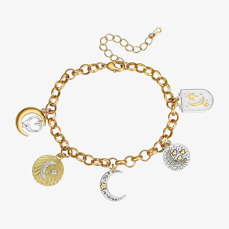 Footnotes Love Womens Cubic Zirconia 14K Gold Over Brass Pure Silver Over Brass Moon Star Charm Bracelet