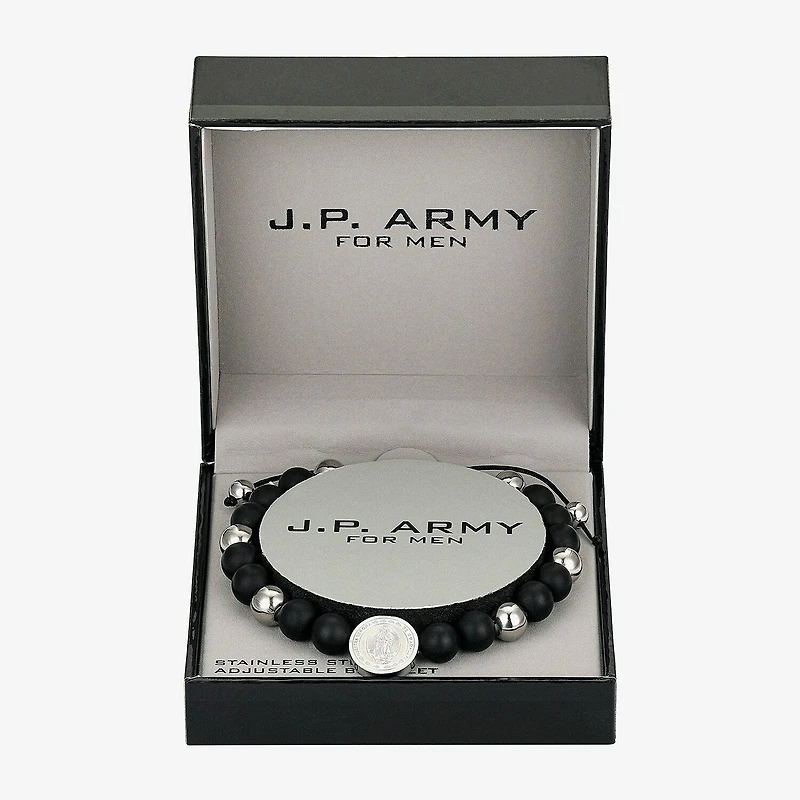 J.P. Army Our Lady Of Guadalupe Mens Onyx Stainless Steel Round Bolo Bracelet