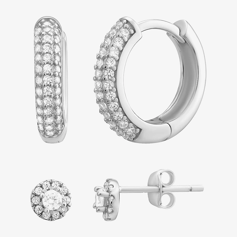 Womens Cubic Zirconia Sterling Silver 2 Pair Earring Set