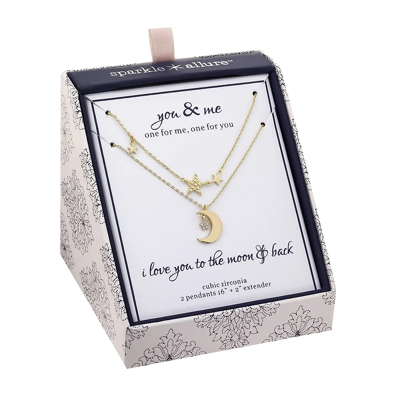 Sparkle Allure You & Me Womens Cubic Zirconia 14K Gold Over Brass Moon Star 2-pc. Necklace Set