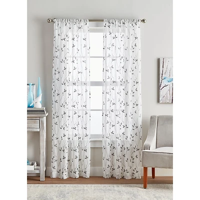 CHF Botanical Embroidery Rod Pocket Embroidered Sheer Set of 2 Curtain Panel