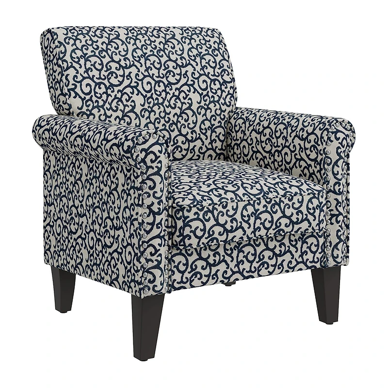 Jean Traditional Rolled Arm Accent Chair with Pewter Nailheads Curly Vine Pattern