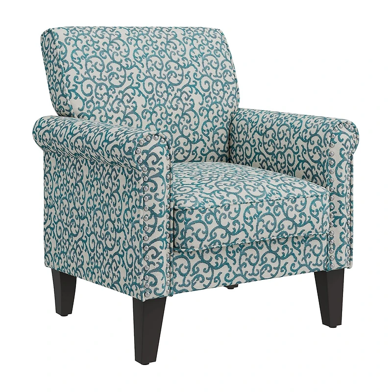 Jean Traditional Rolled Arm Accent Chair with Pewter Nailheads Curly Vine Pattern