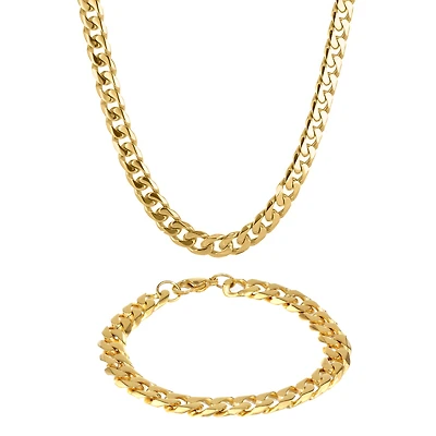 Mens Stainless Steel & Gold-Tone IP 10mm Curb Chain & Bracelet Boxed Set