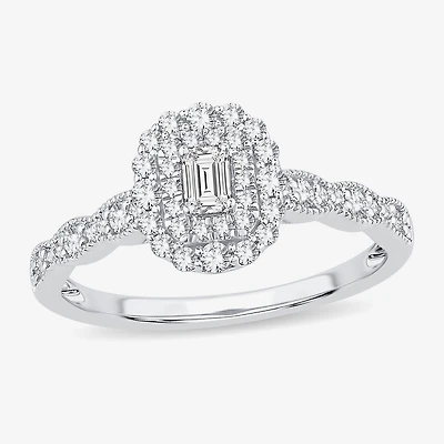 Womens 1/ CT. T.W. Natural White Diamond 10K Gold Oval Side Stone Halo Engagement Ring