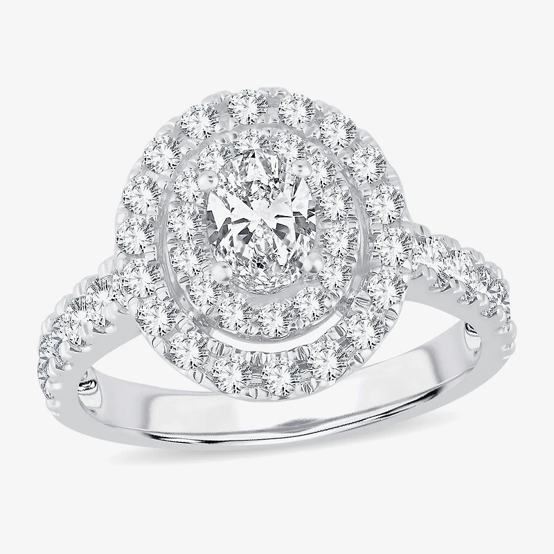 H-I / Si1-Si2) Womens 1 1/ CT. T.W. Lab Grown White Diamond 10K Gold Oval Side Stone Halo Engagement Ring