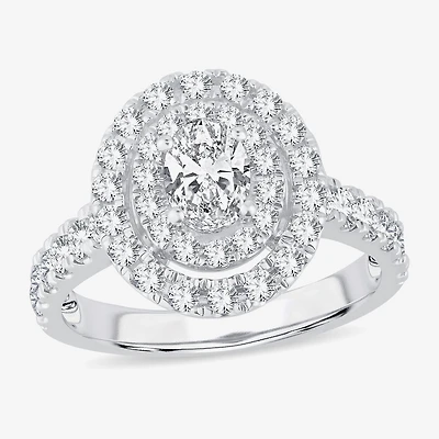 H-I / Si1-Si2) Womens 1 1/ CT. T.W. Lab Grown White Diamond 10K Gold Oval Side Stone Halo Engagement Ring