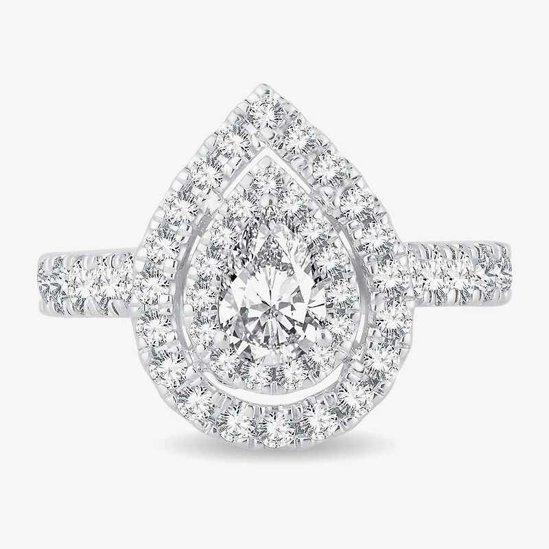 H-I / Si1-Si2) Womens 1 1/ CT. T.W. Lab Grown White Diamond 10K Gold Pear Side Stone Halo Engagement Ring