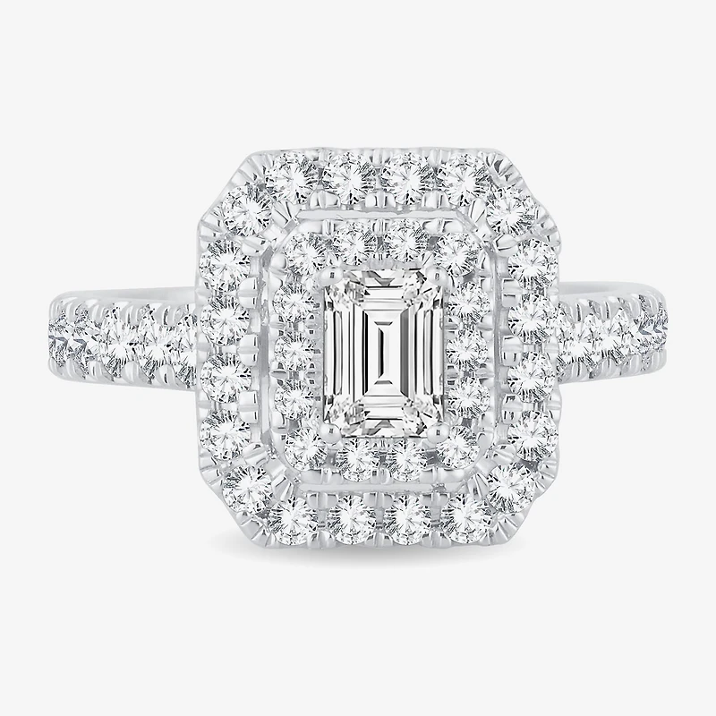 H-I / Si1-Si2) Womens 1 1/ CT. T.W. Lab Grown White Diamond 10K Gold Side Stone Halo Engagement Ring