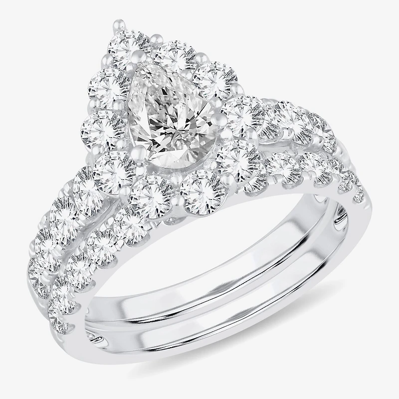 Signature By Modern Bride (H-I / Si1-Si2) Womens 3 CT. T.W. Lab Grown White Diamond 10K Gold Pear Side Stone Halo Bridal Set