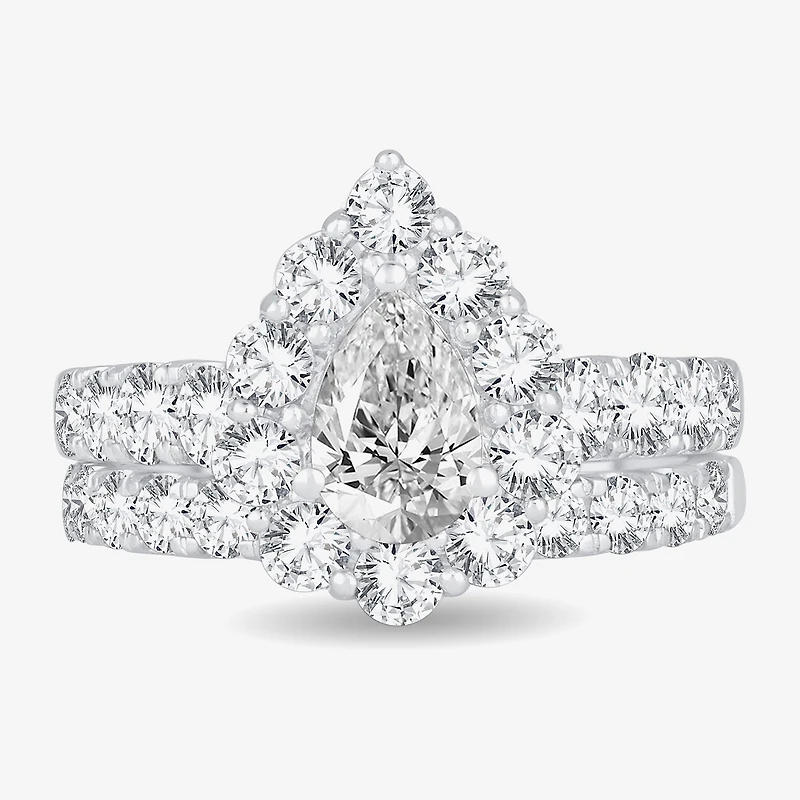 Signature By Modern Bride (H-I / Si1-Si2) Womens 3 CT. T.W. Lab Grown White Diamond 10K Gold Pear Side Stone Halo Bridal Set