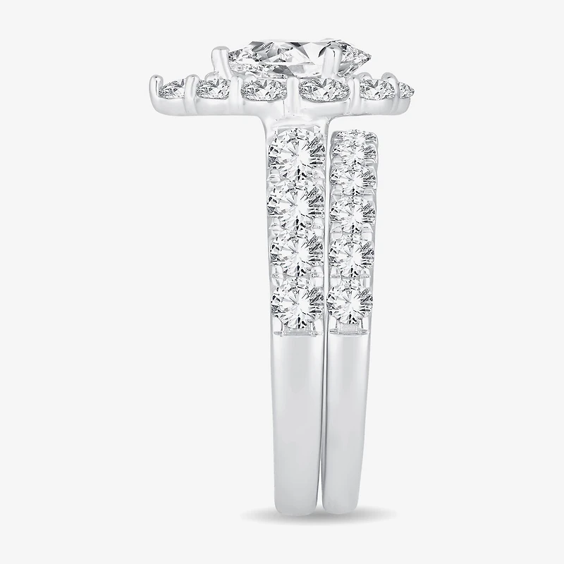 Signature By Modern Bride (H-I / Si1-Si2) Womens 3 CT. T.W. Lab Grown White Diamond 10K Gold Pear Side Stone Halo Bridal Set