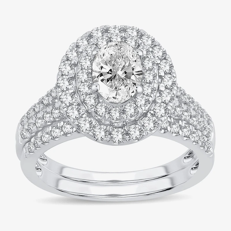 H-I / Si1-Si2) Womens / CT. T.W. Lab Grown White Diamond 10K Gold Oval Side Stone Halo Bridal Set