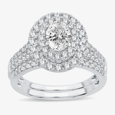 H-I / Si1-Si2) Womens CT. T.W. Lab Grown White Diamond 10K Gold Oval Side Stone Halo Bridal Set