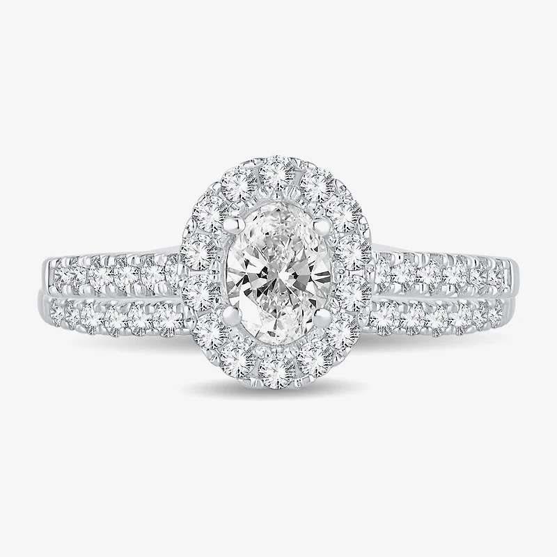 H-I / Si1-Si2) Womens CT. T.W. Lab Grown White Diamond 10K Gold Oval Side Stone Halo Bridal Set