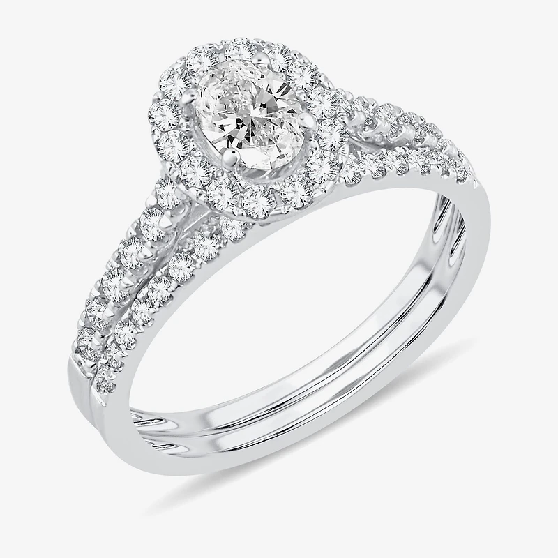 H-I / Si1-Si2) Womens CT. T.W. Lab Grown White Diamond 10K Gold Oval Side Stone Halo Bridal Set