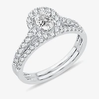 H-I / Si1-Si2) Womens CT. T.W. Lab Grown White Diamond 10K Gold Oval Side Stone Halo Bridal Set